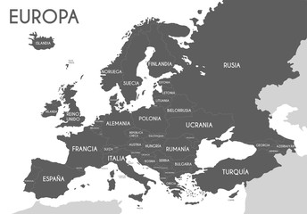 Fototapeta na wymiar Political map of Europe in gray color with white background and