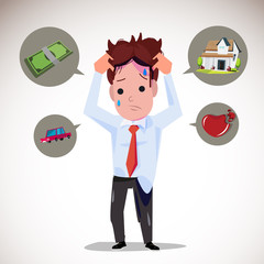 serious man with icons. money. car. house. broken heart - vector illustration