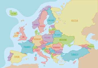 Political map of Europe with colors and borders for each country
