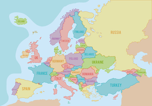 Political map of Europe with colors and borders for each country