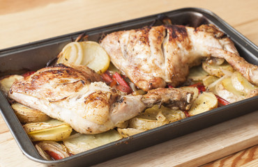 Roasted chicken legs with potatoes, onions and peppers.