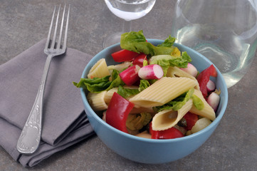 Bol de salade composée avec des pâtes avec du poivron rouge et des radis
