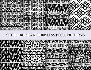 Collection of pixel seamless patterns with african ethnic and tribal ornament. Vector ornaments collection.