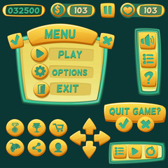 Set of bright cartoon buttons for casual games. Graphic user interface, vector illustration.