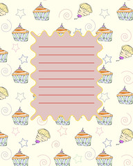 School notebook cover postcard invitation sample with hand drawn cuocakes
