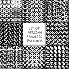 Set of seamless patterns with african ethnic and tribal ornament. Vector black and white boho ornaments collection.