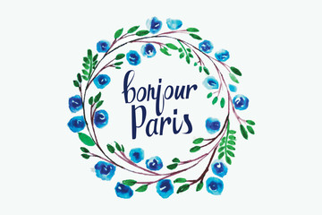 lettering Hello Paris frame watercolor flowers