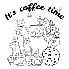 Coloring pages for adults  book. Black and white Hipster Hand drawn Coffee lettering. monster background.