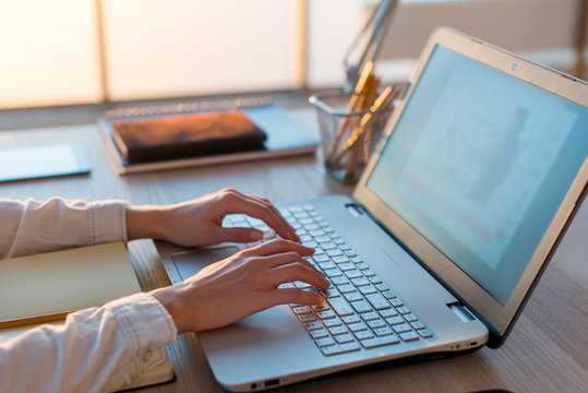 Adult businesswoman working at home using computer, studying business ideas on a pc screen