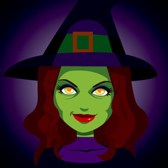 Illustration portrait of scary mysterious looking witch with face lit and magic glowing eyes on dark background