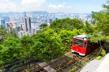 The Victoria Peak Tram and Hong Kong city skyline