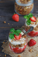Dessert with fresh berries, cottage  cheese, granola and berries