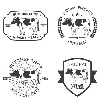 Butcher shop, beef and milk labels set