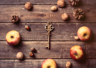 photo of the apples, golden key, fir-cones and nuts on the brown wooden background