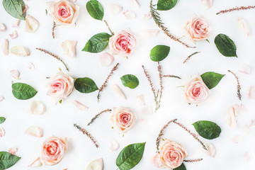 Wallpaper, texture. Pink roses on white background. Flat lay, top view
