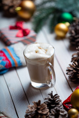 christmas decorations, gift, sock and cup of coffee