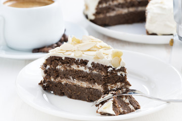 piece of delicious chocolate cake with cream on plate