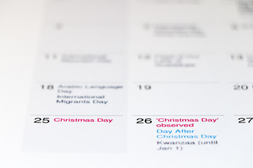 Christmas eve/day and other public holidays on 2017 calendar with shallow depth of field