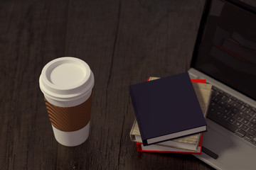 Fototapeta na wymiar 3D rendering of Takeaway coffee, laptop and books on a wooden table