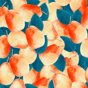 Abstract background with orange fresh pears. Seamless pattern.