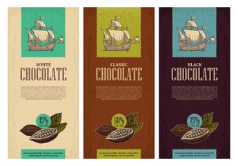 Set of label for chocolate with fruits of cocoa beans and sailing ship floating on the sea waves