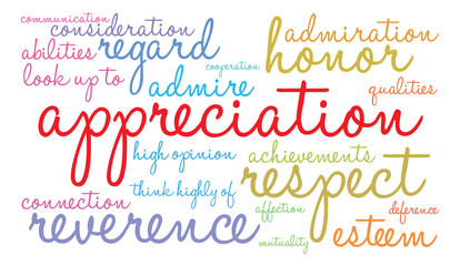 Appreciation word cloud on a white background. 