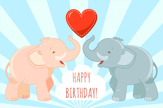 Happy gray and pink elephant. Greeting card, red hearts, rays