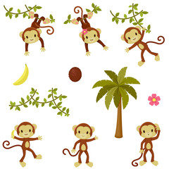 Obraz premium Happy funny monkeys set. Isolated over white
