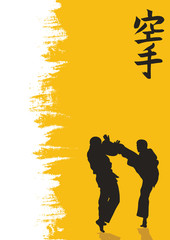 Hieroglyph of karate and men demonstrating karate.