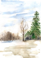 Watercolor spring sunny wood forest flood landscape