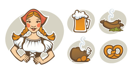 vector German girl and collection of traditional German food for