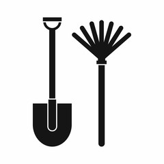 Rake and shovel icon in simple style isolated vector illustration