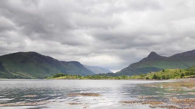 Loch Leven.  A timelapse recording of the view across Loch Leven to the Pap of Glencoe in the Scottish highlands.  Loch Leven is a sea loch on the west coast of Scotland.