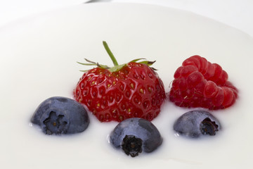 close-up of white yogurt with blueberries, strawberries and raspberries