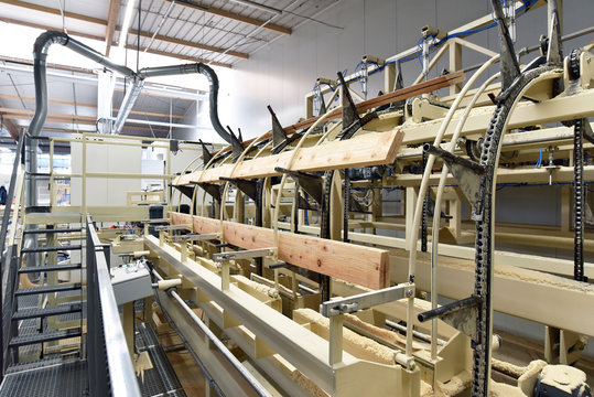 Fliessband mit Holzbrettern zur Weiterverarbeitung in einem Sägewerk // conveyor with wooden boards for further processing in a sawmill