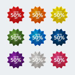 Round off label with corners. Set of round icons with sales percentage. Red label, label orange, yellow label Green Label, Blue Label, dark blue Label, Purple Label, label gray, pink label.