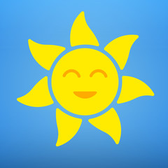 Smiling sun icon. Summer sun with a smile. Vector Graphics Flat smiling sun on a blue background.