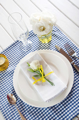 Table setting with blue checkered tablecloth, white napkin