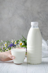 Milk in the bottle. Farm milk in a glass. Package.