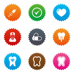 Tooth, dental care icons. Stomatology signs.