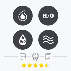 H2O Water drop icons. Tear or Oil symbols.