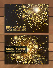Gold Gift Business card template with abstract pattern, glitter dust, sparkling, twinkling stars. Cosmic atmosphere background, universe. Design usable for discount card, invitation, ticket.