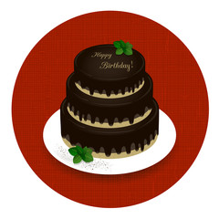 two-tiered chocolate cake with the words Happy Birthday