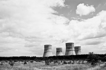 Nuclear power station. Tops of cooling towers of atomic power pl
