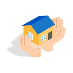Fototapeta na wymiar Hands holding a house icon in isometric 3d style isolated on white background. Real estate symbol