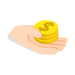 Hand holding coins icon in isometric 3d style isolated on white background. Money symbol