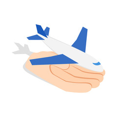 Hand holding plane icon in isometric 3d style isolated on white background. Air symbol