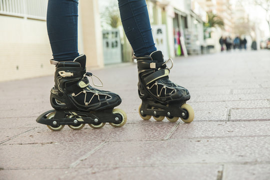 Close up roller skating shoes.