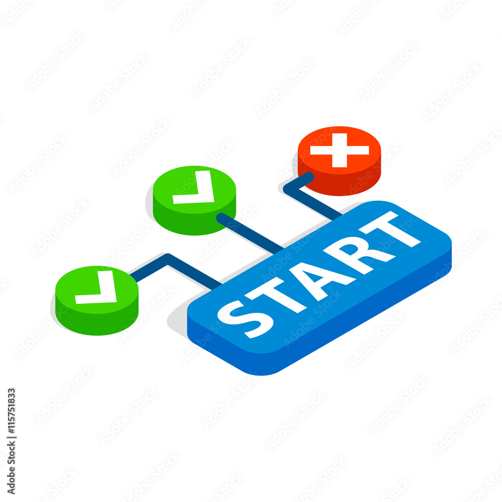 Poster start button icon in isometric 3d style isolated on white background. choice symbol