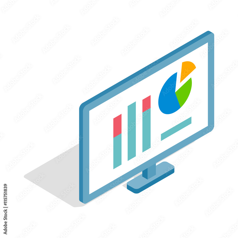 Aufkleber monitor with charts icon in isometric 3d style isolated on white background. compute symbol